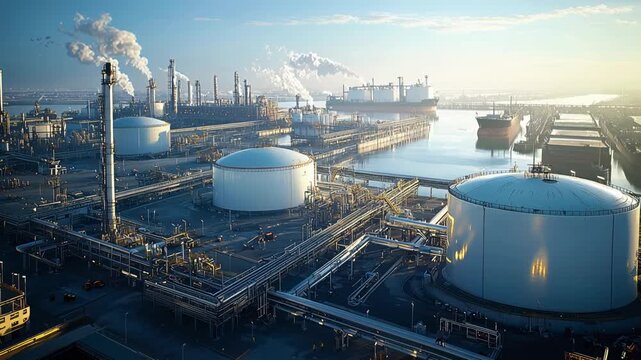 Industrial oil refinery with illuminated pipelines, sea port and shipping vessel under blue sky. Concept of plant, gas factory