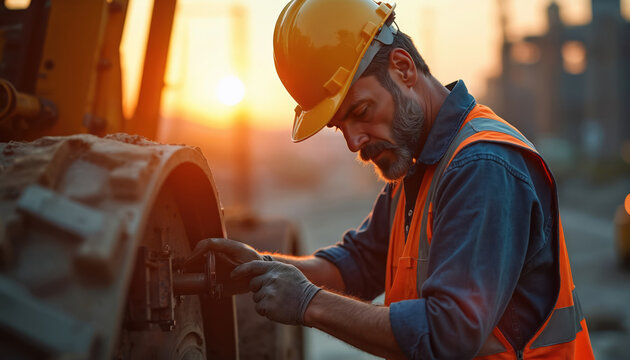 Construction worker repairs heavy machinery during sunset. Mechanic works on the machine wearing helmet and safety vest. Man fixes equipment at construction site with orange sky backdrop.