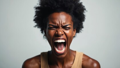 Close up of furious African woman screaming with mouth open, eyes shut tight. Intense facial expression conveying extreme anger and rage. Powerful emotion shown in studio shot.