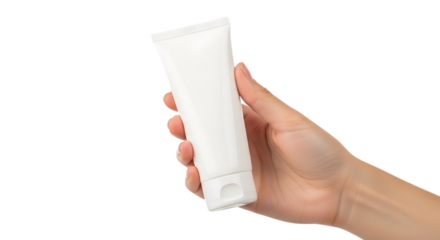 Hand holding a white cosmetic squeeze tube, with flip-top cap isolated on a white or transparent background, cutout, PNG