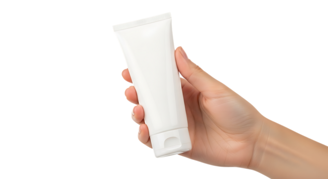 Hand holding a white cosmetic squeeze tube, with flip-top cap isolated on a white or transparent background, cutout, PNG