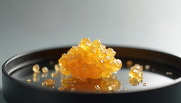 Close up photo of cannabis wax concentrate. Golden crystals of marijuana resin. Potent THC extract displayed on reflective surface. High quality image for medicinal or recreational purposes.