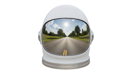 White astronaut helmet, reflecting a sunny road lined with trees isolated on a white or transparent background, cutout, PNG