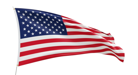 Waving United States of America flag, with stars and stripes in motion isolated on a white or transparent background, cutout, PNG