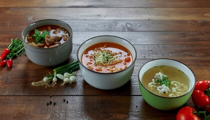 Three Bowls of Colorful Soups with Garnishes on Rustic Wooden Table