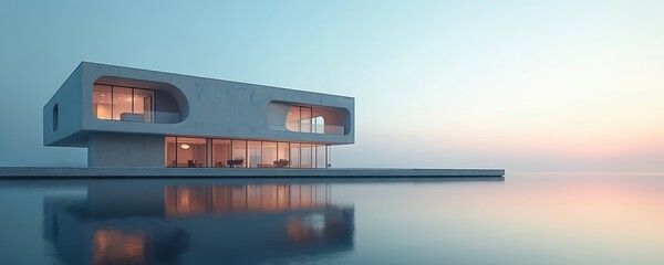 Modern concrete house with large glass windows sits on still water. Minimalist architecture reflects in calm sea at sunrise. Sleek building exterior features curves and open balconies.