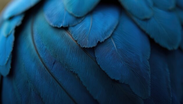 Close up photo shows blue bird feathers. Bird plumage consists of several layers of feathers. Macro detail of each feather shows intricate texture. Dark blue color dominates the image