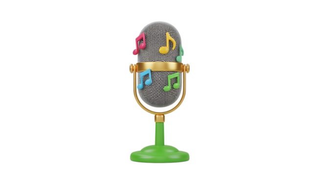 Vintage microphone, with colorful musical notes and a green base isolated on a white or transparent background, cutout, PNG