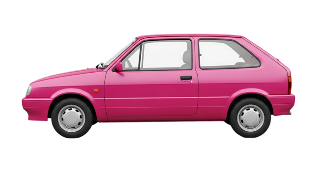 Bright pink vintage hatchback car, shown in profile view isolated on a white or transparent background, cutout, PNG - Powered by Adobe