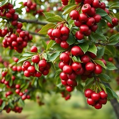 Obraz premium Cherry tree branches full of ripe red cherries, a picturesque orchard setting.