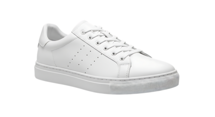 White leather low top fashion sneaker, with perforated detailing isolated on a white or transparent background, cutout, PNG