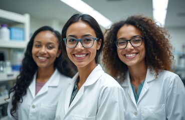 Three smiling women scientists in lab coats work together in bright laboratory setting. Diverse team engaged in research, development, possibly in medical biological field. Expressions convey