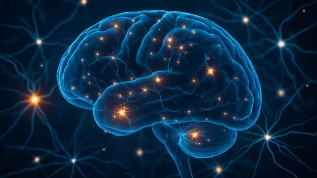 Digital brain with glowing neural connections and synapses firing. Abstract visualization of neuron activity and cognitive processing. Panning camera movement across illuminated network.