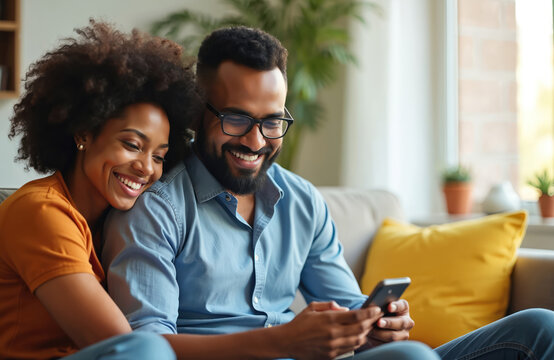 Happy Indian couple sits comfortably on home sofa. Man uses modern smartphone, woman rests head on shoulder. Both smile brightly, looking at screen, enjoying social media online shopping together.