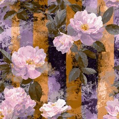 Naklejka premium Seamless pattern with painted abstract pink flower and dark green leaf on a grunge abstract striped background for textile, print media, apparel