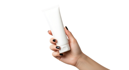 Hand holding a white cosmetic tube, with black nail polish isolated on a white or transparent background, cutout, PNG
