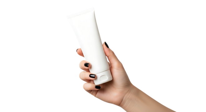 Hand holding a white cosmetic tube, with black nail polish isolated on a white or transparent background, cutout, PNG - Powered by Adobe