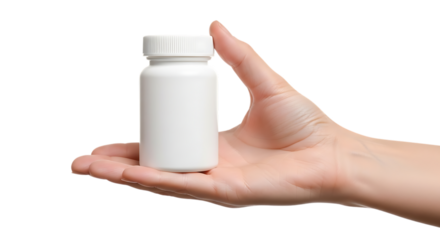 Hand holding a white pill bottle, with a ribbed cap isolated on a white or transparent background, cutout, PNG