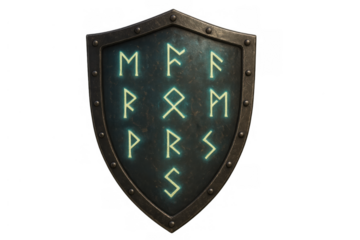 Runic shield with glowing mystic symbols protecting, representing fantasy magic, nordic mythology and ancient power