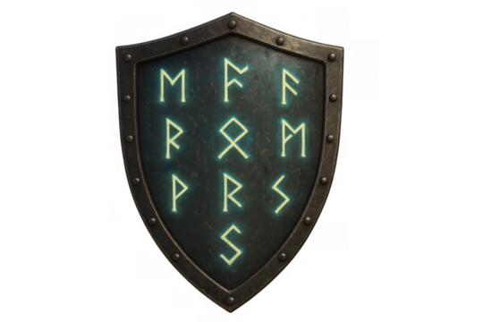 Runic shield with glowing mystic symbols protecting, representing fantasy magic, nordic mythology and ancient power