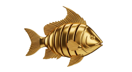 Gleaming Golden Fish Sculpture, with Segmented Body and Fin Details isolated on a white or transparent background, cutout, PNG
