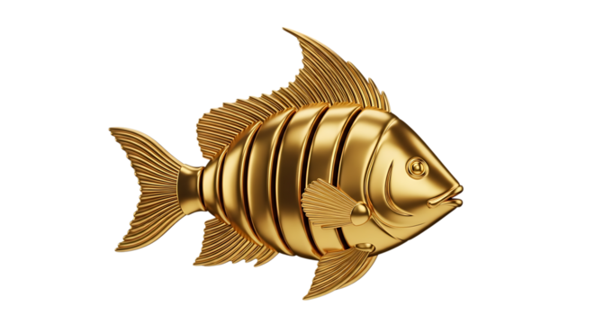 Gleaming Golden Fish Sculpture, with Segmented Body and Fin Details isolated on a white or transparent background, cutout, PNG