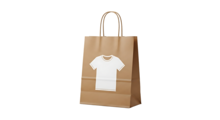 Brown paper shopping bag, with white t-shirt graphic and handles isolated on a white or transparent background, cutout, PNG