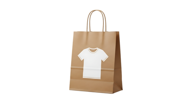 Brown paper shopping bag, with white t-shirt graphic and handles isolated on a white or transparent background, cutout, PNG