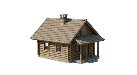 Small wooden log cabin, with stone foundation and shingled roof isolated on a white or transparent background, cutout, PNG