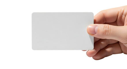 Obraz premium Hand holding a blank white rectangular card, with rounded corners isolated on a white or transparent background, cutout, PNG