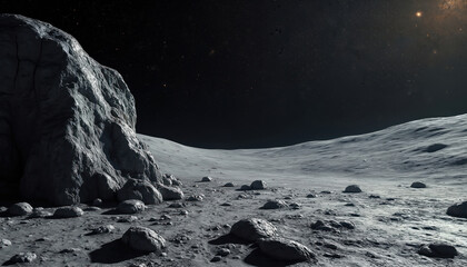 View of rocky moon surface under starry dark sky. Vast alien landscape with craters and boulders. Cosmic background for science or fantasy stories.