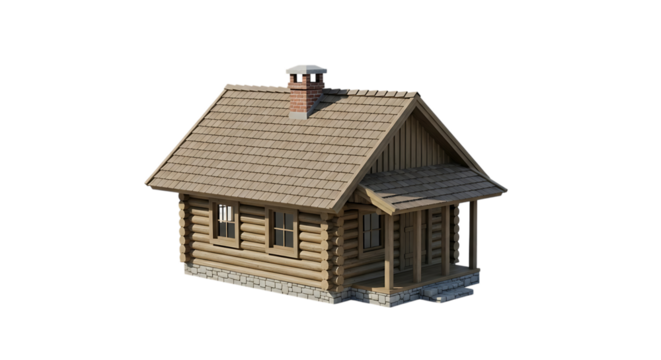 Small wooden log cabin, with stone foundation and shingled roof isolated on a white or transparent background, cutout, PNG - Powered by Adobe