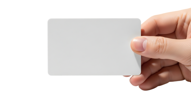 Hand holding a blank white rectangular card, with rounded corners isolated on a white or transparent background, cutout, PNG