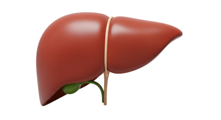 Anatomical human liver, with gallbladder and bile duct rendered in 3 D isolated on a white or transparent background, cutout, PNG