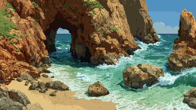 Pixel art cave on the beach