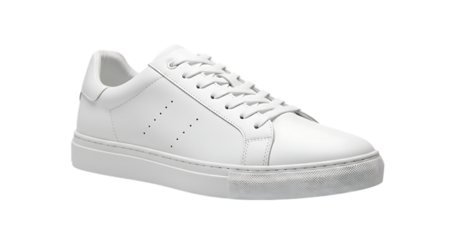 White leather low top sneaker, with white laces and subtle perforated detailing isolated on a white or transparent background, cutout, PNG