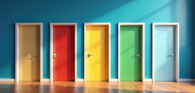 Five bright doors in row stand on wood floor against blue wall. Colored door offers different path new opportunity. Many choices, future decisions, possibilities await. Find way, choose new direction.
