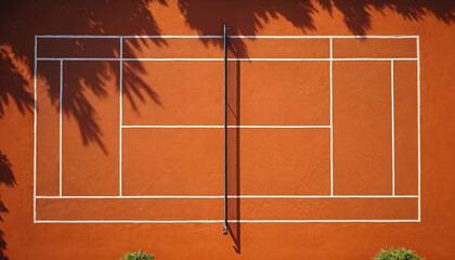 Aerial photo of empty tennis court. The clay court has white lines and a net. Sunlight creates shadows from trees nearby. Sport field is unoccupied.