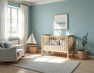 Bright nursery room with crib armchair window. Wooden baby bed with soft pillows rug. Sea themed decor design elements. Calm blue walls create peaceful atmosphere.