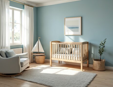 Bright nursery room with crib armchair window. Wooden baby bed with soft pillows rug. Sea themed decor design elements. Calm blue walls create peaceful atmosphere. - Powered by Adobe