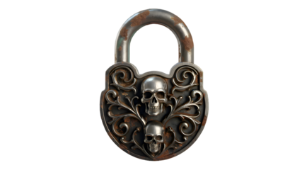 Ornate vintage padlock with skull relief, rusty metal texture, gothic security concept, 3d render isolated on white background, ancient mystery lock.