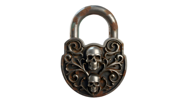 Ornate vintage padlock with skull relief, rusty metal texture, gothic security concept, 3d render isolated on white background, ancient mystery lock.