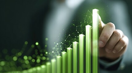 Business person interacting with a futuristic green bar chart representing financial growth, data analysis, and sustainable investment with networking connections