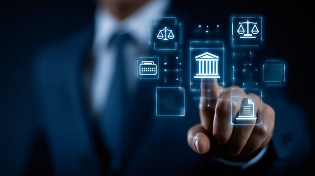 Businessmans hand interacts with a glowing digital interface of legal iconsscales, courthouse, documentssymbolizing legaltech, online justice systems and modern corporate law services - Powered by Adobe