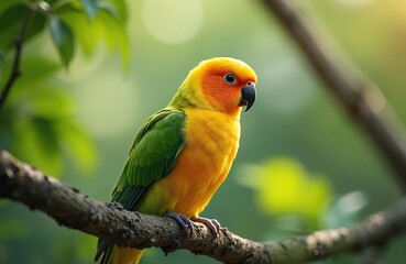 Bright yellow and green parakeet sits on a tree branch. This small bird has orange face feathers and a black beak. It is in a natural outdoor setting.