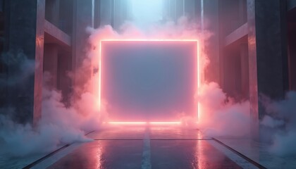 Obraz premium Abstract architectural interior features concrete pillars, glowing neon square frame. Pink, blue light fills smoky space. Modern empty stage perfect for product display, tech presentation, sci-fi