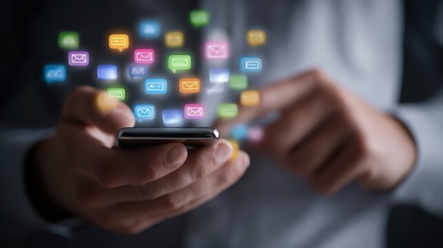 Person holding a smartphone in hands while touching the interface, sending and receiving digital messages, emails, and social media notifications, representing global communication and networking