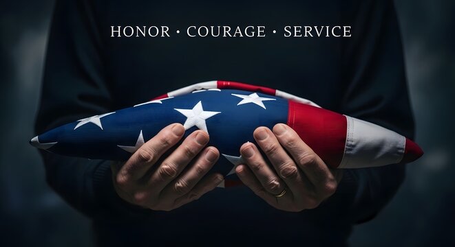 Hands tenderly holding a folded American flag, representing honor, courage and service to the nation with solemn respect and gratitude displayed