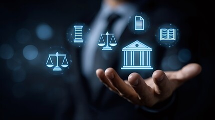 Business person presenting a glowing digital interface with law icons including scales of justice, court building, pillar, document, and book, representing legal technology and online services