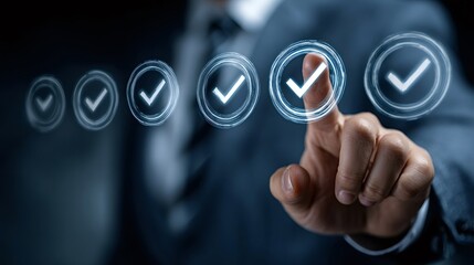 Business person touching a digital interface with a series of glowing check marks, representing quality control, approval, and task completion in a business or technology context